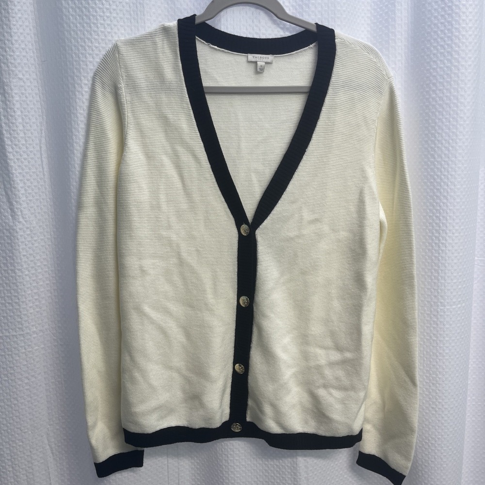Talbots Women's Crème Black Trim Gold Button Cardigan Classic Old Money Small